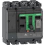 Schneider Electric ComPacT NSX100H maksimalafbryder i 4P 3d konfiguration med en grøn betjeningshåndtag og tydelige mærkater. Dens mørkegrå kabinet har sorte terminaler øverst og nederst.