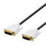 Deltaco DVI-D dual link-kablets to stik ses skråt forfra med synlige kontaktben og sort kabel.