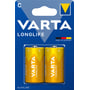 Varta Longlife AA batterier i 2 stk pakke, med to batterier liggende ved siden af hinanden på en gul baggrund.
