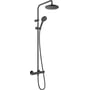 Hansgrohe Vernis Blend SHP 200 brusesæt i mat sort, komplet med hovedbruser, håndbruser og termostat på hvid baggrund.