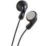 Nærbillede af JVC HA-F14 Gumy in-ear headphones i sort, viser L og R mærkning samt det bløde gummimateriale.