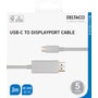 Emballagen viser Deltaco USB-C til DisplayPort-kablets stik og oplysninger om 2 meter samt 4K UHD ved 60 Hz.