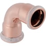 Geberit Mapress 18 mm kobber bøjning 90 grader med muffe/muffe samlinger og presseindikator på hvid baggrund.