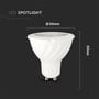V-TAC 6W GU10 LED spotlys med dimensioner angivet: 50mm diameter og 55mm højde.