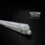 V-TAC T8 LED-armatur set skråt forfra med tekst om maksimal effekt på 22 W; LED-rør medfølger ikke.