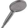 Hansgrohe Raindance Select S 120 EcoSmart håndbruser i børstet sort krom med synlig Select-knap og tre strålemønstre.