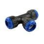 Isiflo SPRINT reduceret T-stykke i sort komposit med blå samlinger, dimensioner 40 x 32 mm.