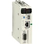 Detaljeret billede af Schneider Electric Modicon M340 CPU, der viser frontpanelets tilslutninger: USB, Ethernet og CANopen stik.