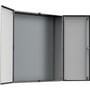 Eldon vægskab 600x800x300mm i RAL 7035 stål med åbne dobbeltlåger, der viser det indvendige monteringsplads.