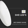 Detalje af V-Tac LED loftslampens SMD LED'er med tekst om energibesparelse og varm, diffust lys.