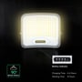 V-TAC 25 W LED-projektør med solcelle lyser, mens grafikken fremhæver batteriindikator og lysvinkel.