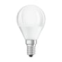 LEDVANCE HS mat LED-kronepære set lige forfra med rund, opalhvid top og E14-skruefatning.