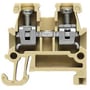 Weidmüller gennemgangsklemme AKZ 1.5 PA i beige PA-materiale med skrueterminal til 1,5mm² ledere, monteret på TS 15 DIN-skinne.