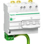 Schneider Electric Quick iPF 10kA 400V 3PN transientbeskytter med MCB-funktion, hvid med grønne detaljer, monteret på DIN-skinne med grøn-gul jordkabel tilsluttet.