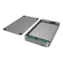 ICY Box USB 3.1 Type-C kabinet åbent med 2.5" SATA drev og printplade synlig, sølvfarvet.