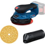 Bosch GEX 18V-150-3 Professional excentersliber med tilbehør, inklusive slibeskive og støvboks.