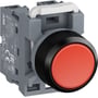 ABB MP1-40R-20 trykknap med rød knap og sort kant, monteret på grå kontaktblok.
