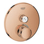 Grohe Grohtherm SmartControl termostat i poleret kobberfinish med rund metalplade og to greb til styring af vand og temperatur.