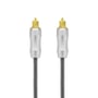 Deltaco optisk Toslink-kabel på 5 meter set forfra med de to stik og det sorte, flettede kabel.