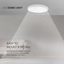 Illustration af V-Tac LED loftslampe, der viser lysspredning og tekst om nem montering i forskellige rum.