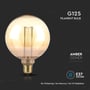 Information om G125 filament pæren fra V-TAC, med ravfarvet glas og E27 fatning.