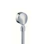 Hansgrohe FixFit E slangeudtag i krom med blank overflade, monteringsdetaljer og kugleled er synlige.