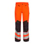 FE Engel stretch arbejdsbukser i strækbart materiale i orange og grå, set forfra med synlige lommer og reflekser.
