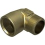 Unico 90° vinkel i messing med 3/8" muffe og nippel, vist fra en anden vinkel med muffens indvendige gevind synligt.