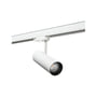 SG Armaturen Tube Mini 3 Fase spotlight i hvid, monteret på en hvid skinne med sort baffel og 2700K lys.