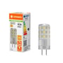 Osram LEDVANCE LED PIN pære med 470 lumen, klar og dæmpbar, 2700K, og GY6.35 sokkel, vist med emballage.