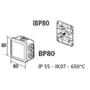 Legrand dåsebeslag til IBP-systemer, 80x80 mm, viser ydre dimensioner og monteringsmuligheder med to cirkulære indføringer.