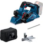 Bosch GHO 18V-26 Professional høvl med tilbehør som støvpose og parallelanslag, klar til brug.