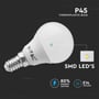 Detaljebillede af V-TAC 4W LED pære, der viser E14 fatning, V-TAC logo og SMD LED teknologi med energibesparende mærkning.