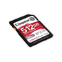 Nærbillede af Kingston Canvas React Plus 512GB SDXC UHS-II hukommelseskort, der viser kapacitet, hastigheder og mærke på en hvid baggrund.
