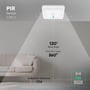 Illustration af V-TAC LED-sensorlampens PIR-sensor med markeret registreringsområde under lampen.