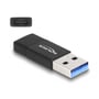 Sort DeLock USB 3.2 Gen 2 adapter, set fra siden med USB Type-A hanstik og en isoleret visning af USB Type-C hunporten.