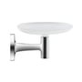 Duravit Starck T sæbeskål i krom med materet glas, 140x119mm, vist fra siden på hvid baggrund.