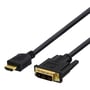 Deltaco HDMI til DVI-D single link-kabel, 1 meter og sort, set skråt med de guldfarvede stik tydeligt fremme.