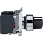 Schneider Electric Harmony XB4 drejegreb med 3 faste positioner, sort, 2NO kontakter og zamak montering på hvid baggrund.