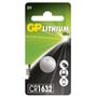 GP Batteries CR1632 knapcellebatteri med 3V spænding, vist på grøn-sort emballage med illustrationer af anvendelsesmuligheder.