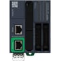 Oversigt over Schneider Electric Modicon M221 PLC med 16 digitale indgange, 2 analoge indgange og 16 digitale udgange, vist med frontpanelforbindelser og MAC-adresse.