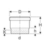 Diagram over Geberit PE stikmuffe med læbetætning, viser dimensioner som D, H, h, K og d.