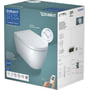 Duravit SensoWash Starck f Lite douchetoilet hængeskål i hvid. Produktet vises på sin originalemballage med illustrationer af funktioner og dimensioner.
