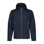 ID Identity letvægts softshelljakke 0836 i navy, str. L, set lige forfra med hætte og lynlåslommer.