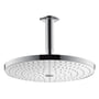 Hansgrohe RD Select S 300 2jet hovedbruser i krom og hvid med 301 mm diameter og lofttilslutning, vist på hvid baggrund.