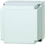 Fibox MNX serie kasse i grå ABS-plast, dimensioner 130x130x125mm, med synlige skruer på siden.