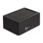 Bagside af DeLOCK Dual Docking Station, der viser USB-port, strømafbryder og DC strømindgang.