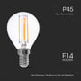 Produktgrafik af V-TAC E14 LED-kronepære P45 med klart glas og synlige filamenter.
