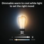 Philips Hue White Ambiance E27-filamentpære lyser med grafik, der viser dæmpning og justering fra varmt til koldt hvidt lys.