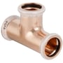 Geberit Mapress tee fitting i kobber med 15 mm muffesamling, fremviser brandnavn og hvide manchetter.